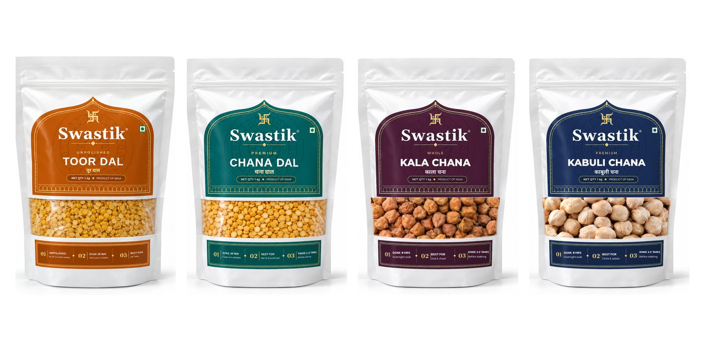 The Swastik range: Toor Dal, Chana Dal, Kala Chana and Kabuli Chana in 1 kg stand-up pouches