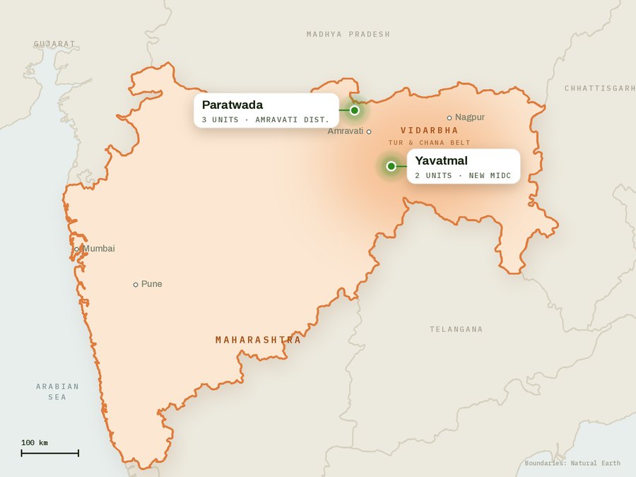 Map of Maharashtra showing JV Agro's mill clusters at Paratwada and Yavatmal in Vidarbha